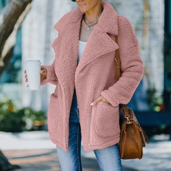 Cozy Khaki Tan Wide Collar Teddy Jacket Coat Oversized - Picture 9 of 16